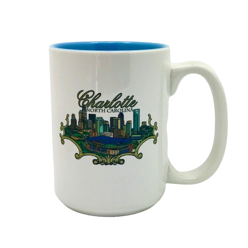 15 Oz. Ceramic Mug - Charlotte Skyline Ribbon Art GIFT My City Souvenirs  Paper Skyscraper Gift Shop Charlotte