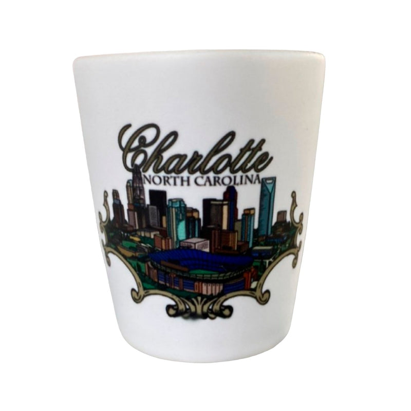 2 Oz. Ceramic White Shot -Charlotte Skyline Ribbon Art  My City Souvenirs  Paper Skyscraper Gift Shop Charlotte