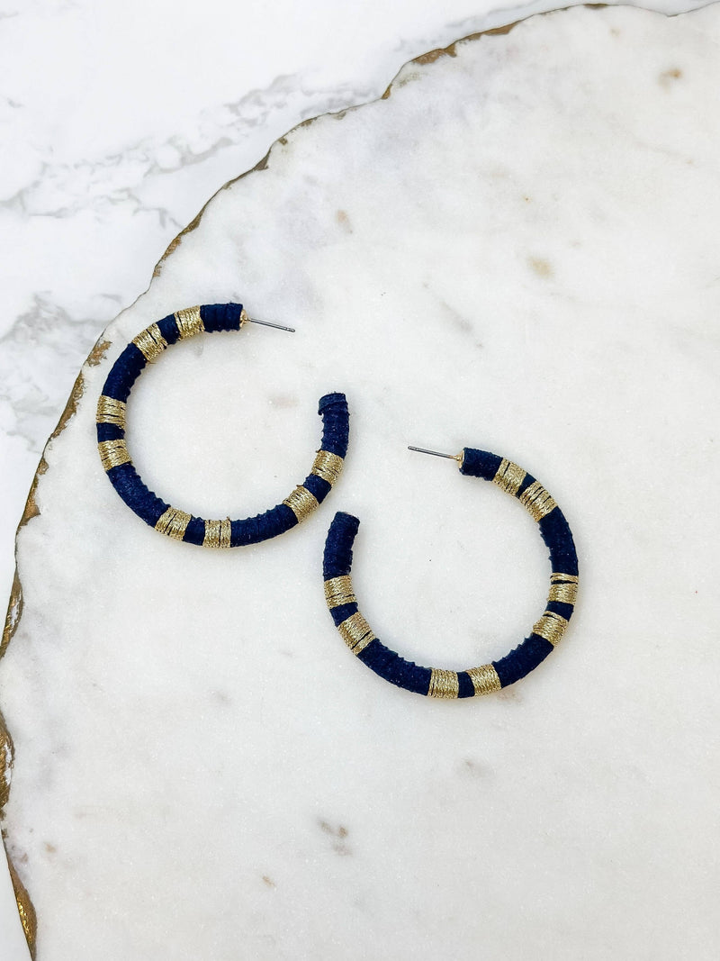 Metallic Suede Hoop Earrings: Dark Navy Blue  Prep Obsessed Wholesale  Paper Skyscraper Gift Shop Charlotte