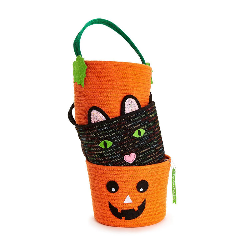 Trick-or-Treat Hand-Crafted Halloween Basket with Handle and Appliqué Details | Assorted - Cotton/Polyester Holiday Two&