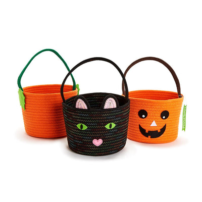 Trick-or-Treat Hand-Crafted Halloween Basket with Handle and Appliqué Details | Assorted - Cotton/Polyester Holiday Two's Company  Paper Skyscraper Gift Shop Charlotte