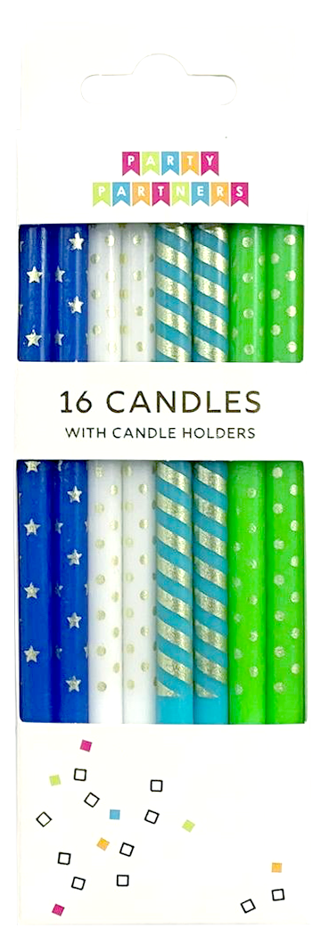 Blue & Green Metallic Patterned 16 Candle Set Party - Supplies Party Partners Paper Skyscraper Gift Shop Charlotte