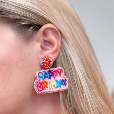 'Happy Birthday' Seed Bead Embroidered Dangle Earrings  Prep Obsessed Wholesale  Paper Skyscraper Gift Shop Charlotte