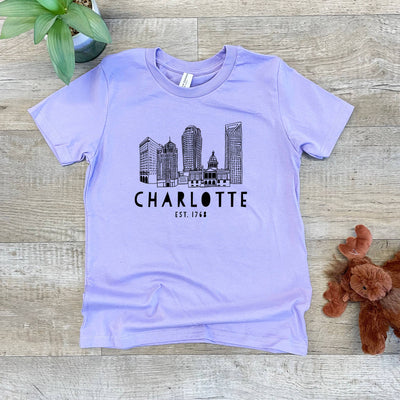 Charlotte, NC Skyline - Kid's Tee - Lavender Large Apparel & Accessories - Baby & Kids Moonlight Makers Paper Skyscraper Gift Shop Charlotte