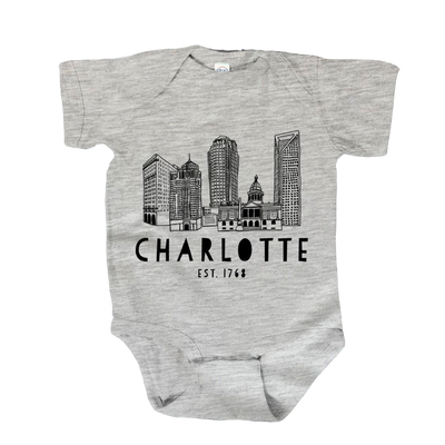 Charlotte Skyline Gray Onesie | 6 Months Baby Moonlight Makers  Paper Skyscraper Gift Shop Charlotte