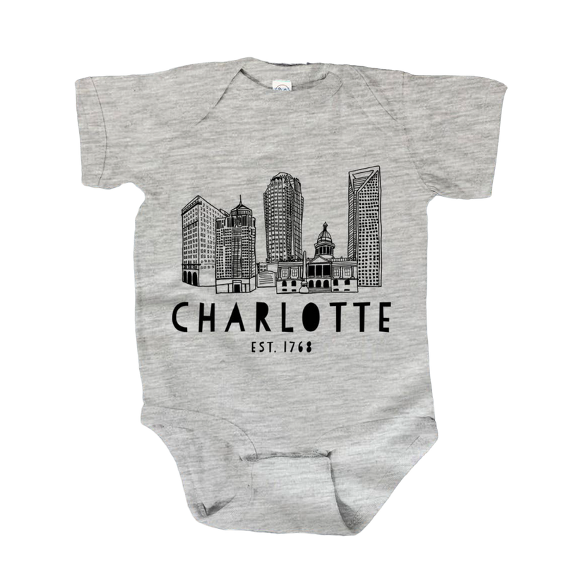 Charlotte Skyline Gray Onesie | 6 Months Baby Moonlight Makers  Paper Skyscraper Gift Shop Charlotte