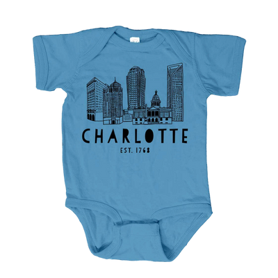 Charlotte Skyline Indigo Onesie | 12 Months Baby Moonlight Makers  Paper Skyscraper Gift Shop Charlotte