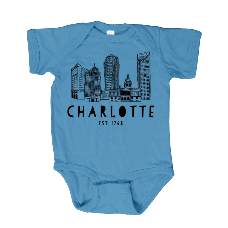 Charlotte Skyline Indigo Onesie | 12 Months Baby Moonlight Makers  Paper Skyscraper Gift Shop Charlotte