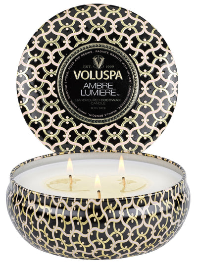 Amber Lumiere | 3-Wick Tin Candle Candles Voluspa  Paper Skyscraper Gift Shop Charlotte