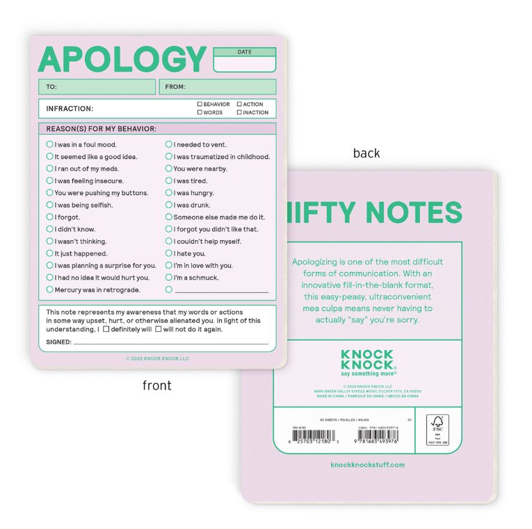 Apology Nifty Note Pad | Pastel Notepads Knock Knock  Paper Skyscraper Gift Shop Charlotte