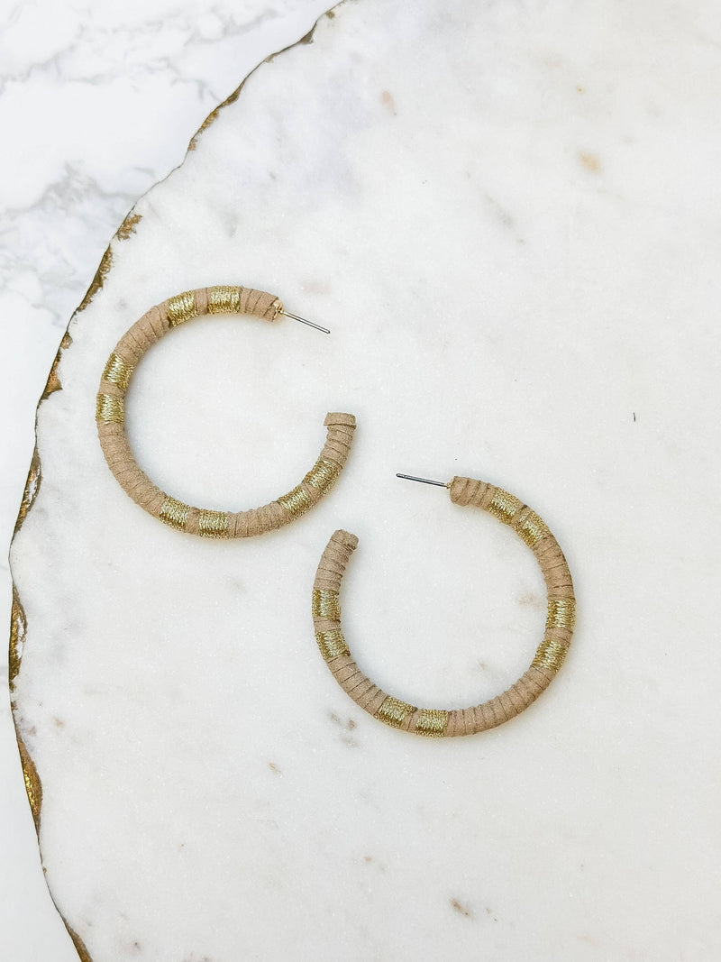 Metallic Suede Hoop Earrings: Taupe  Prep Obsessed Wholesale  Paper Skyscraper Gift Shop Charlotte