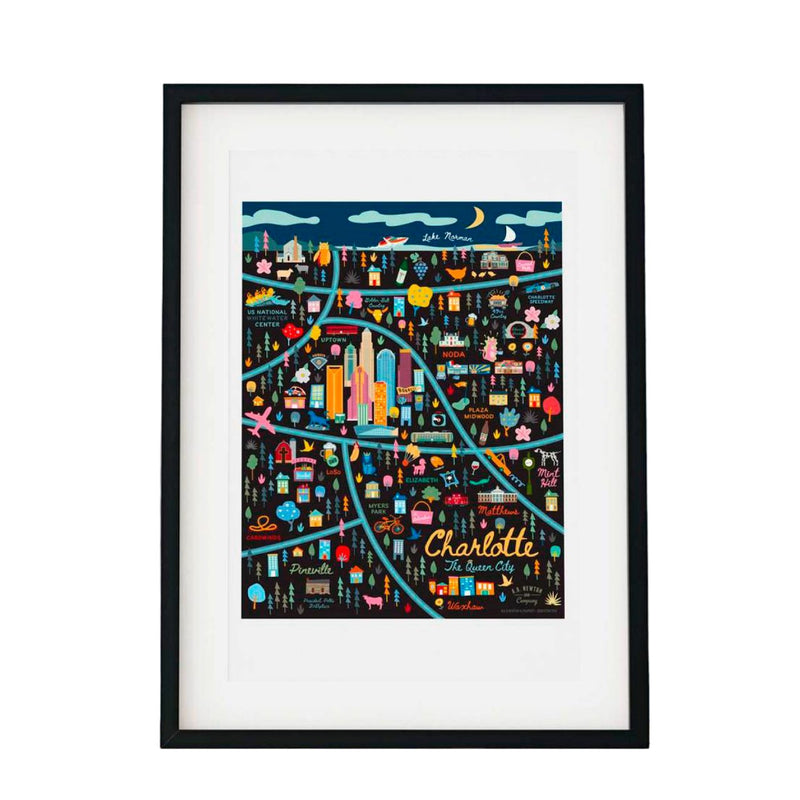 Charlotte Area Map Print - Black prints AB Newton  Paper Skyscraper Gift Shop Charlotte