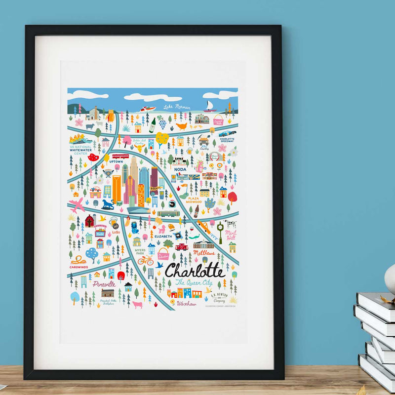 Charlotte Area Map Print - White Prints AB Newton  Paper Skyscraper Gift Shop Charlotte