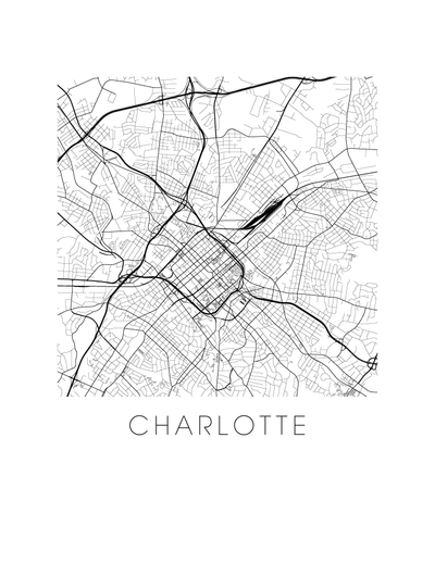 Charlotte Map Black and White Print 11x14 Prints ILIKEMAPS  Paper Skyscraper Gift Shop Charlotte