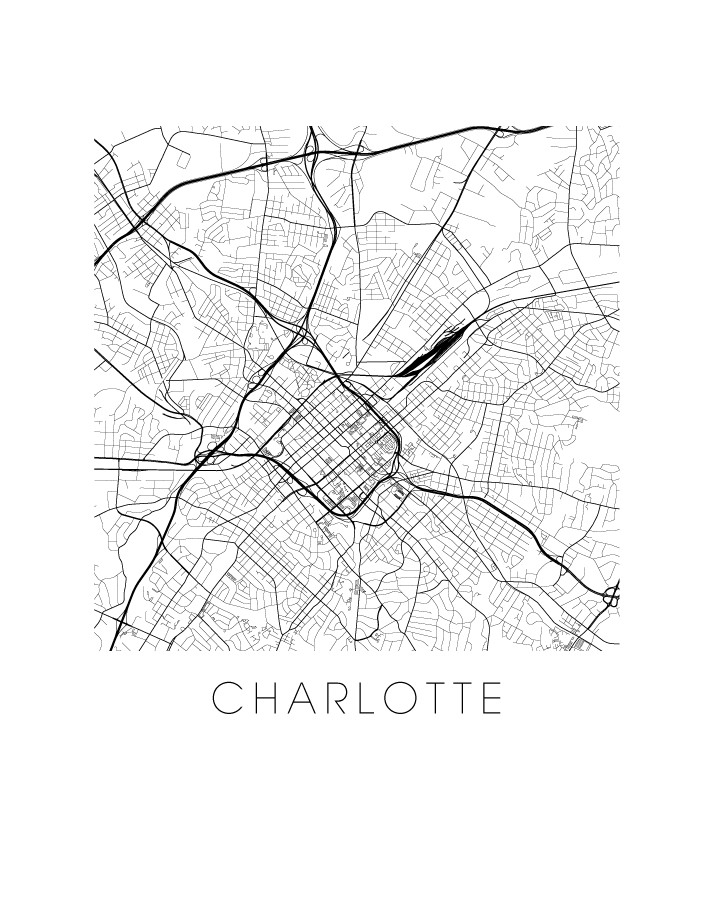 Charlotte Map Black and White Print 11x14 Prints ILIKEMAPS  Paper Skyscraper Gift Shop Charlotte