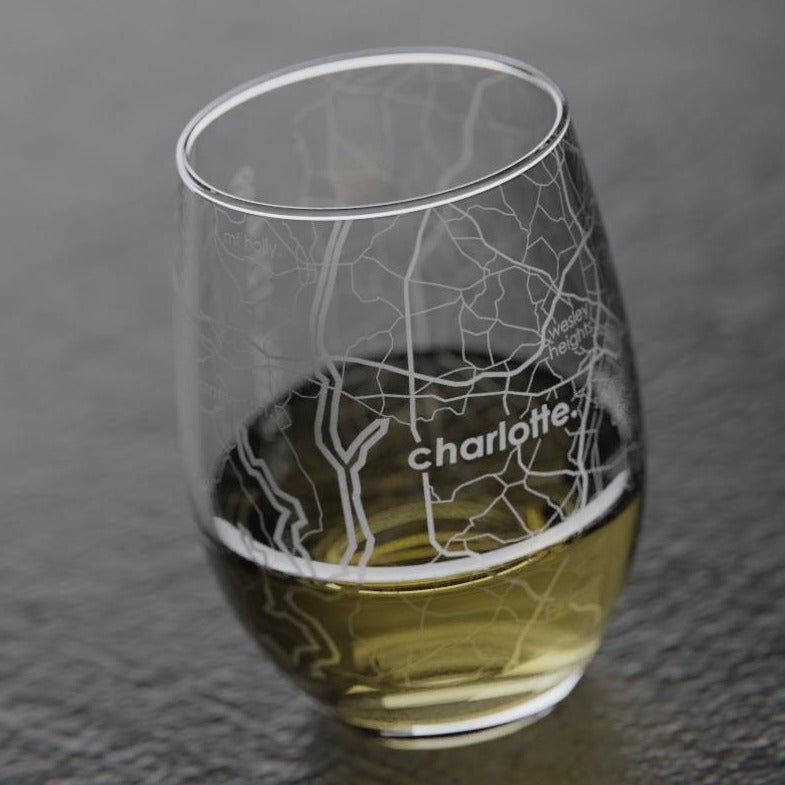 Charlotte Map Stemless Wine Glass Wine Glasses Well Told Paper Skyscraper Gift Shop Charlotte