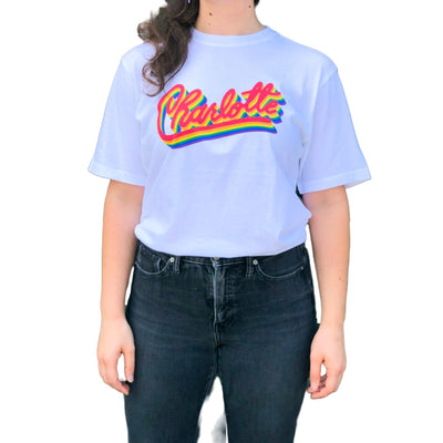 Charlotte Rainbow T-Shirt | White Apparel Reworn  Paper Skyscraper Gift Shop Charlotte