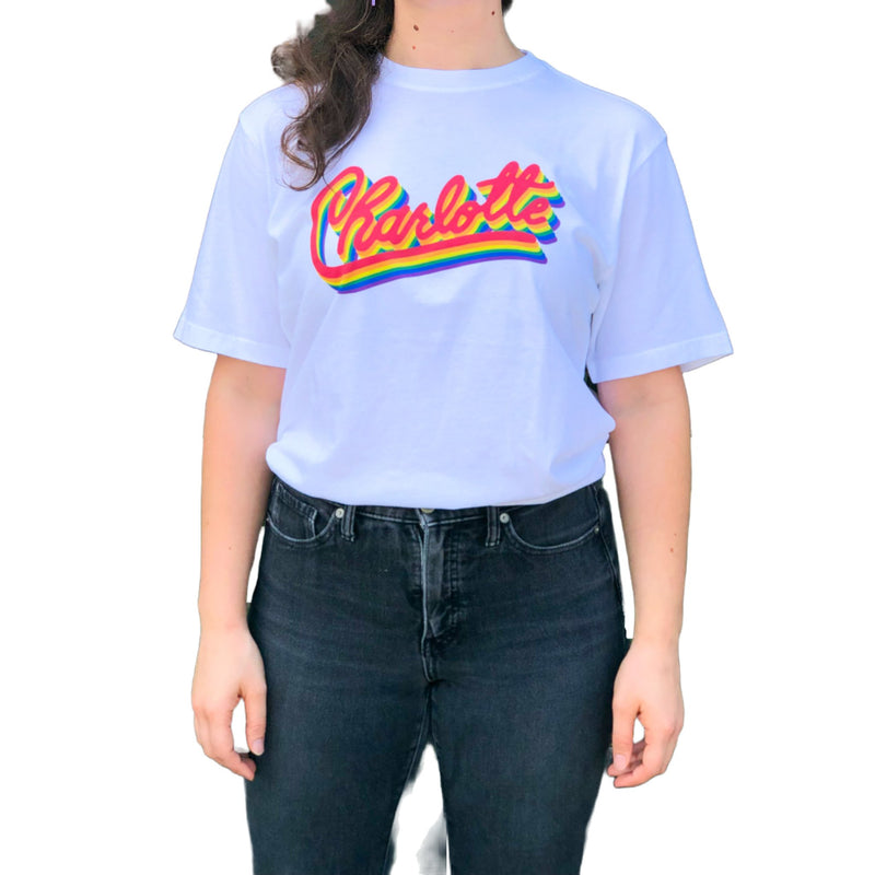 Charlotte Rainbow T-Shirt | White Apparel Reworn  Paper Skyscraper Gift Shop Charlotte