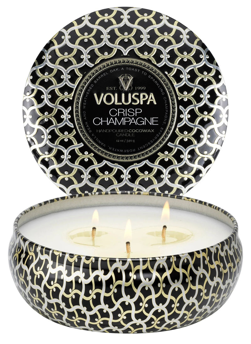 Crisp Champagne 3 Wick Tin Candles Voluspa  Paper Skyscraper Gift Shop Charlotte