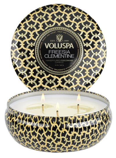 Freesia Clementine | 3-Wick Tin Candle Candles Voluspa  Paper Skyscraper Gift Shop Charlotte