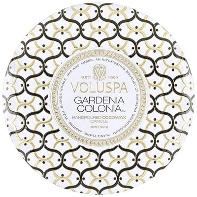 Gardenia Colonia 3W Tin Candles Voluspa  Paper Skyscraper Gift Shop Charlotte