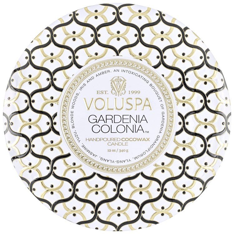 Gardenia Colonia 3W Tin Candles Voluspa  Paper Skyscraper Gift Shop Charlotte