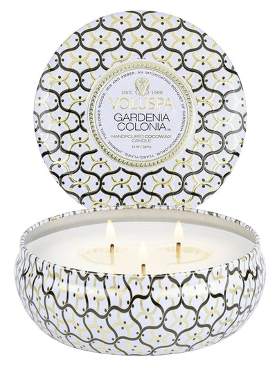 Gardenia Colonia 3W Tin Candles Voluspa  Paper Skyscraper Gift Shop Charlotte