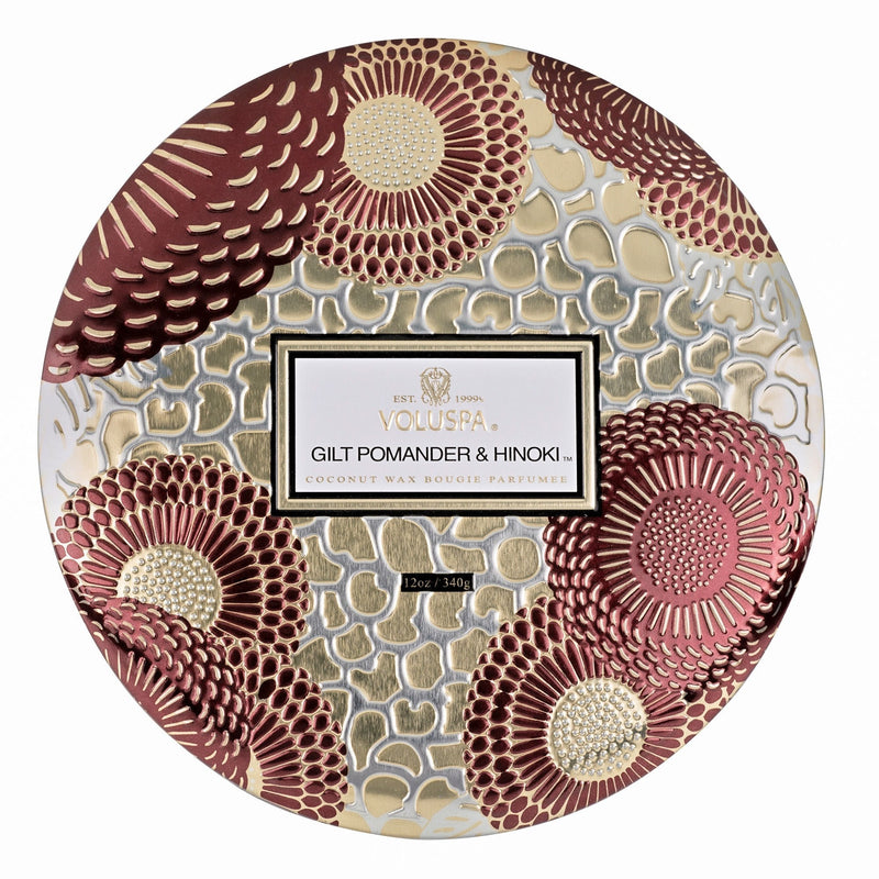 Gilt Pomander & Hinoki | 3-W Tin Candle  voluspa  Paper Skyscraper Gift Shop Charlotte