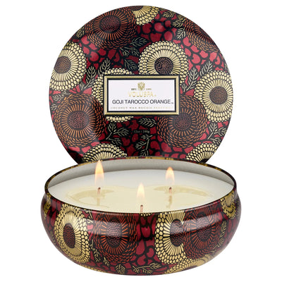 Goji & Tarocco | 3-Wick Tin Candle Candles Voluspa  Paper Skyscraper Gift Shop Charlotte