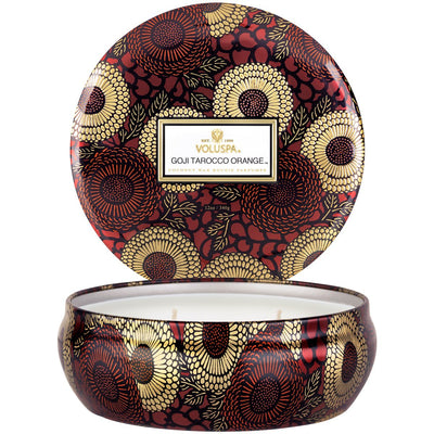 Goji & Tarocco | 3-Wick Tin Candle Candles Voluspa  Paper Skyscraper Gift Shop Charlotte