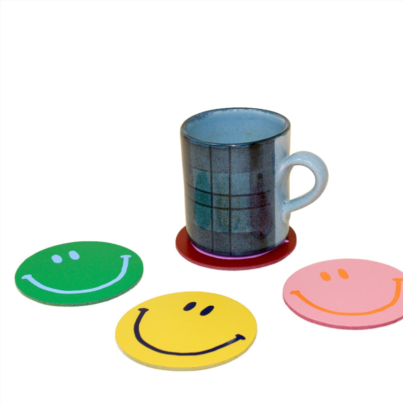 Happy Face Smiley Leather Coasters | Set of 4 Coasters Ark Colour Design  Paper Skyscraper Gift Shop Charlotte