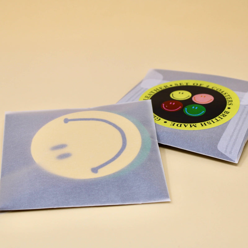 Happy Face Smiley Leather Coasters | Set of 4 Coasters Ark Colour Design  Paper Skyscraper Gift Shop Charlotte