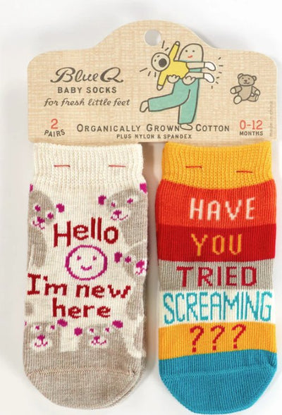 Hello I'm New Here/ Have You Ever Tried Screaming??? Baby Socks Socks Blue Q  Paper Skyscraper Gift Shop Charlotte