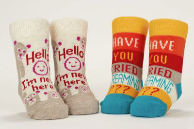 Hello I'm New Here/ Have You Ever Tried Screaming??? Baby Socks Socks Blue Q  Paper Skyscraper Gift Shop Charlotte