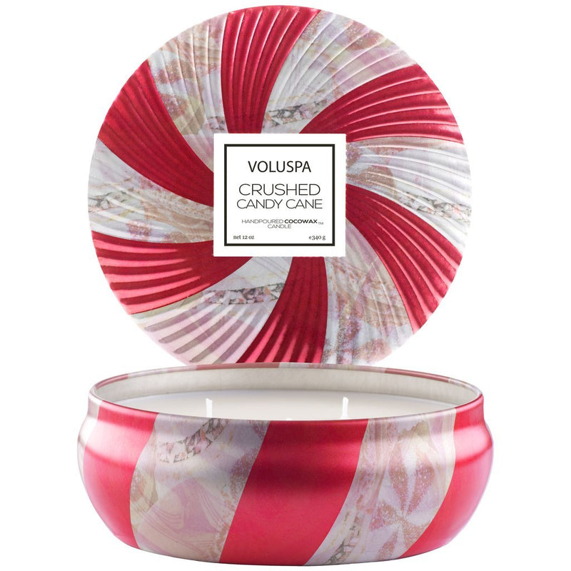 Holiday Crushed Candy Cane | 3 Wick Tin Candle Candles Voluspa  Paper Skyscraper Gift Shop Charlotte