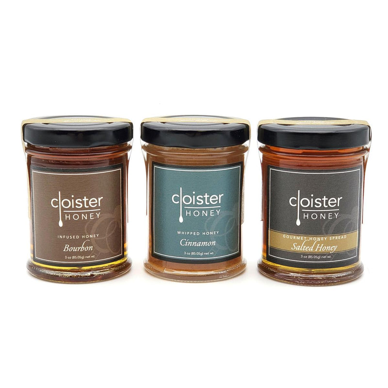 Honey Pack Trio I Cinnamon, Salted, Bourbon food Cloister Honey  Paper Skyscraper Gift Shop Charlotte