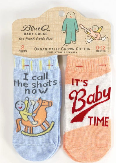 I Call The Shots Now/ It's Baby Time Baby Socks Socks Blue Q  Paper Skyscraper Gift Shop Charlotte