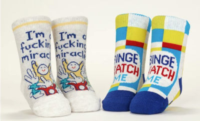 I'm A Fucking Miracle!/ Binge Watch Me Baby Socks Socks Blue Q  Paper Skyscraper Gift Shop Charlotte