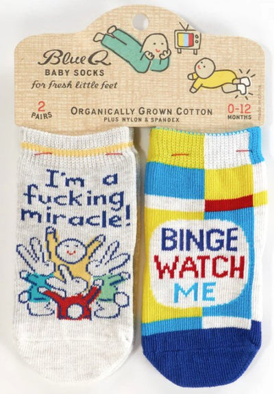 I'm A Fucking Miracle!/ Binge Watch Me Baby Socks Socks Blue Q  Paper Skyscraper Gift Shop Charlotte