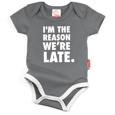 I'm The Reason We're Late | Funny Baby Bodysuit | Grey: 6-12M  Wry Baby  Paper Skyscraper Gift Shop Charlotte