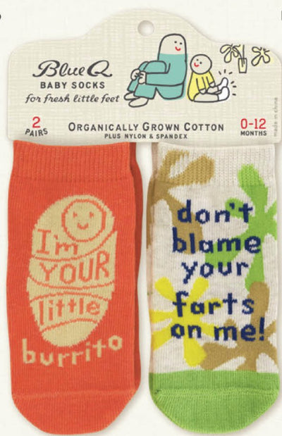 I'm Your Little Burrito/ Don't Blame Your Farts On Me Baby Socks Socks Blue Q  Paper Skyscraper Gift Shop Charlotte