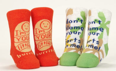 I'm Your Little Burrito/ Don't Blame Your Farts On Me Baby Socks Socks Blue Q  Paper Skyscraper Gift Shop Charlotte