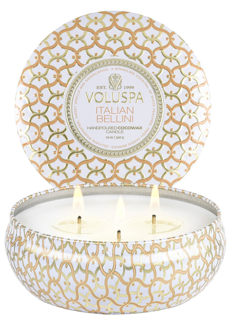 Italian Bellini 3-Wick Tin Candle Candles Voluspa  Paper Skyscraper Gift Shop Charlotte