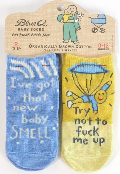 I've Got That New Baby Small/ Try Not To Fuck Me Up Baby Socks Socks Blue Q  Paper Skyscraper Gift Shop Charlotte