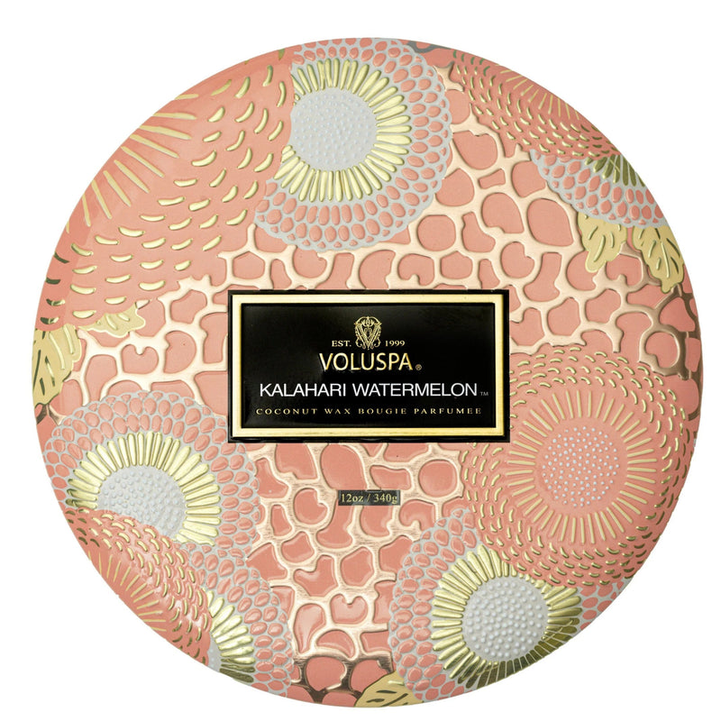 Kalahari Watermelon Candle 3 Wick Tin Candle Candles Voluspa  Paper Skyscraper Gift Shop Charlotte