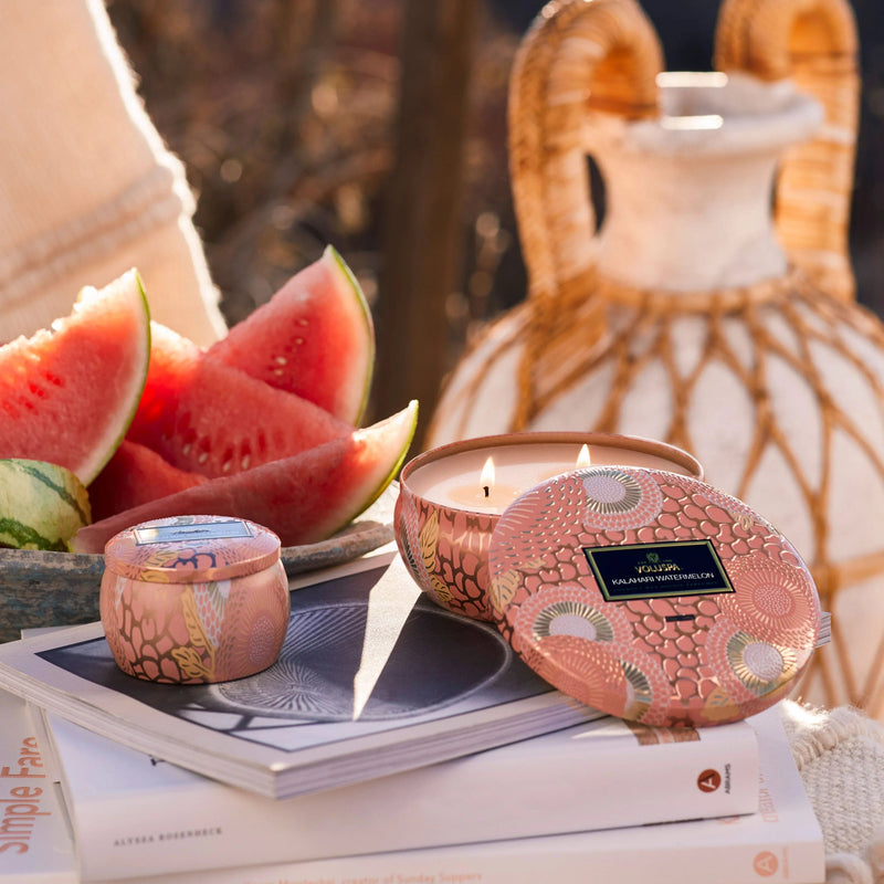 Kalahari Watermelon Candle 3 Wick Tin Candle Candles Voluspa  Paper Skyscraper Gift Shop Charlotte