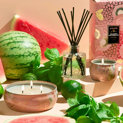 Kalahari Watermelon Candle 3 Wick Tin Candle Candles Voluspa  Paper Skyscraper Gift Shop Charlotte