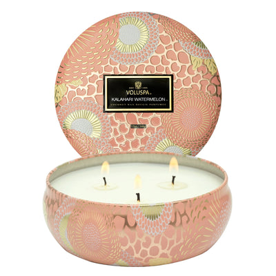 Kalahari Watermelon Candle 3 Wick Tin Candle Candles Voluspa  Paper Skyscraper Gift Shop Charlotte