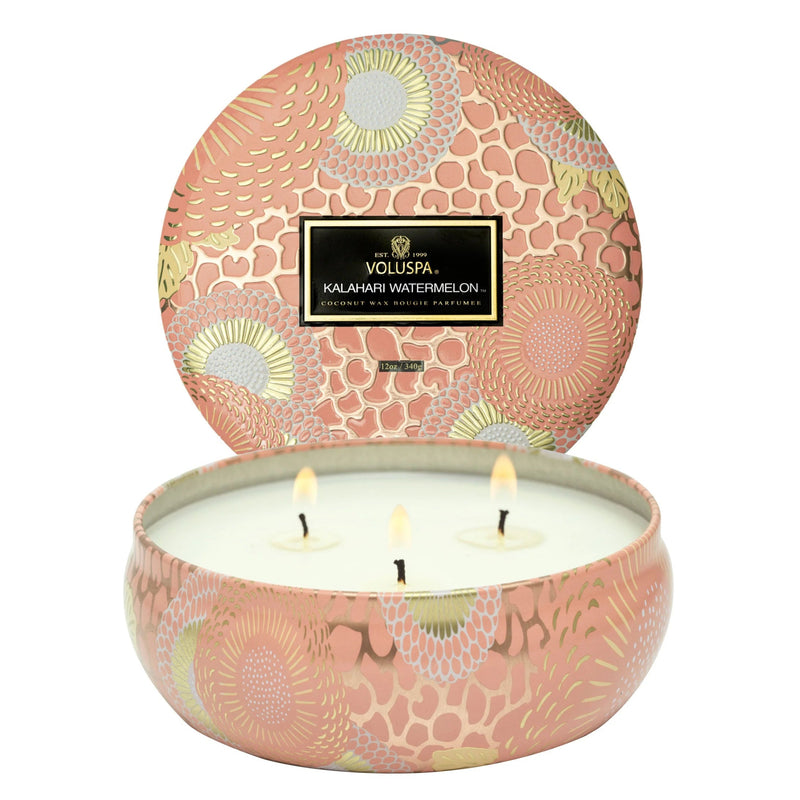 Kalahari Watermelon Candle 3 Wick Tin Candle Candles Voluspa  Paper Skyscraper Gift Shop Charlotte