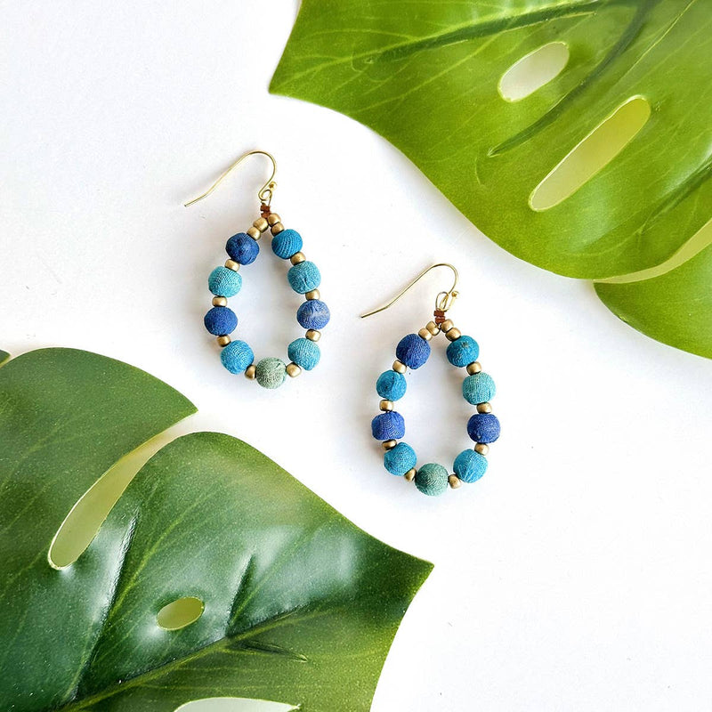 Kantha Azure Beaded Teardrop Earrings  WorldFinds  Paper Skyscraper Gift Shop Charlotte